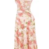 Carmen roze pioenroosprint katoenen bustier-Zomerjurk