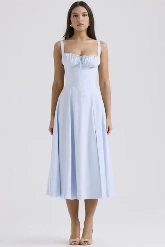 Carmen zachtblauwe katoenen bustier-Zomerjurk