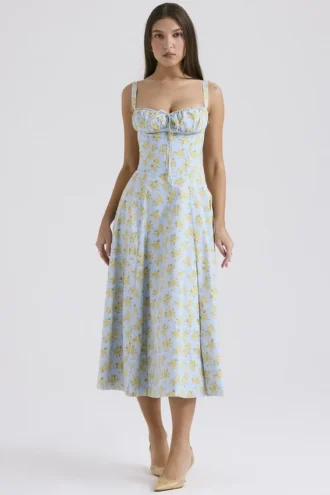 Carmen Zachtblauwe katoenen bustier-zomerjurk met vintage bloemenprint