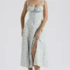 Carmen Zachtblauwe katoenen bustier-zomerjurk met vintage bloemenprint