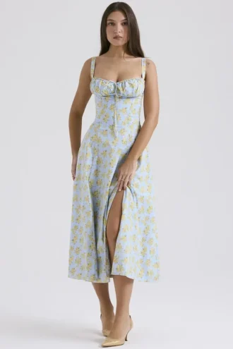 Carmen Zachtblauwe katoenen bustier-zomerjurk met vintage bloemenprint