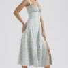 Carmen Zachtblauwe katoenen bustier-zomerjurk met vintage bloemenprint