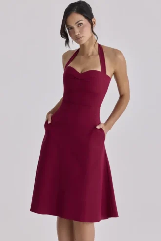 Carolla Wijnrode Midi-jurk met halternek van zachte twill