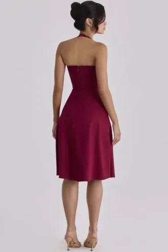 Carolla Wijnrode Midi-jurk met halternek van zachte twill
