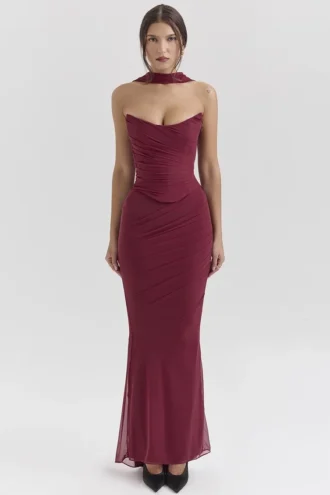 Cassidy Cabernet maxi-rok van mesh met gerimpelde zomen