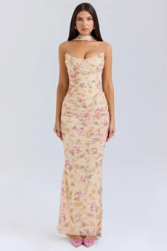 Cassidy maxi-rok met honingbloemenprint en uitlopende zomen
