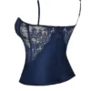 Cecilie marineblauwe satijnen cami-top met kant
