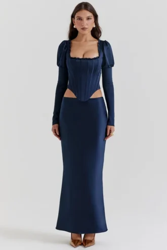 Charlene marineblauwe satijnen maxi-rok met schuine snit