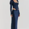 Charlene marineblauwe satijnen maxi-rok met schuine snit