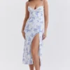 Charlotte blauwe midi-jurk met korset en print