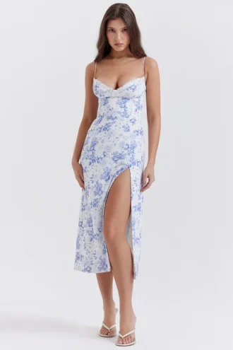 Charlotte blauwe midi-jurk met korset en print