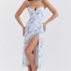 Charlotte blauwe midi-jurk met korset en print