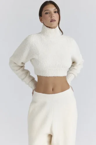 Cheyenne ivoorkleurige, cropped, grof gebreide bouclé-trui