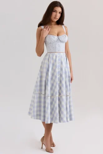 Chiarina lichtblauwe midi-jurk van stretchkatoen met gingham-ruitjes