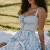 Chiarina lichtblauwe midi-jurk van stretchkatoen met gingham-ruitjes
