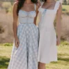 Chiarina lichtblauwe midi-jurk van stretchkatoen met gingham-ruitjes