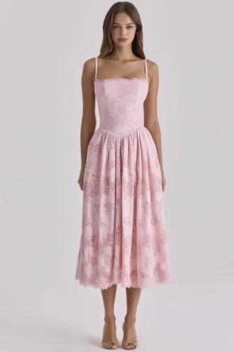 Chloe Roze katoenen midi-zomerjurk met broderie anglaise-kant