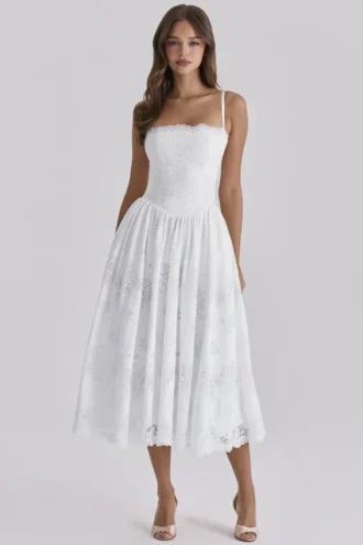 Chloe witte midi-zomerjurk van kant en katoen