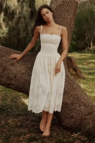 Chloe witte midi-zomerjurk van kant en katoen