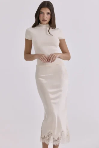 Ciara Vintage ivoorkleurige satijnen + kanten midi-rok
