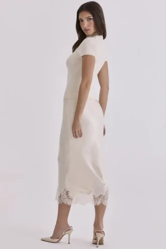 Ciara Vintage ivoorkleurige satijnen + kanten midi-rok