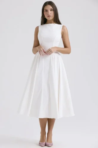 Cindy witte twill midi-zomerjurk