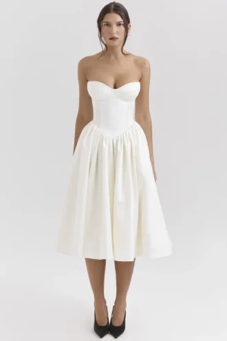 Coco Vintage ivoorkleurige satijnen midi-jurk