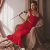 Colette Scarlet satijnen midi-rok met lage taille