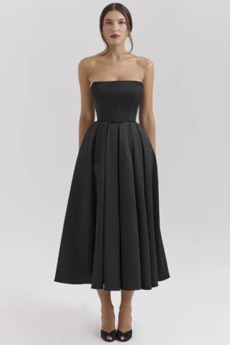 Contessa zwarte strapless satijnen corset midi-jurk