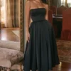 Contessa zwarte strapless satijnen corset midi-jurk