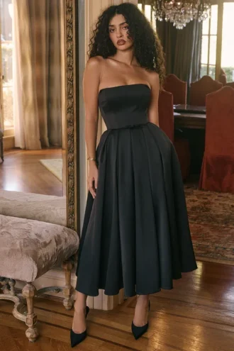 Contessa zwarte strapless satijnen corset midi-jurk