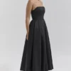 Contessa zwarte strapless satijnen corset midi-jurk