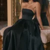 Contessa zwarte strapless satijnen corset midi-jurk
