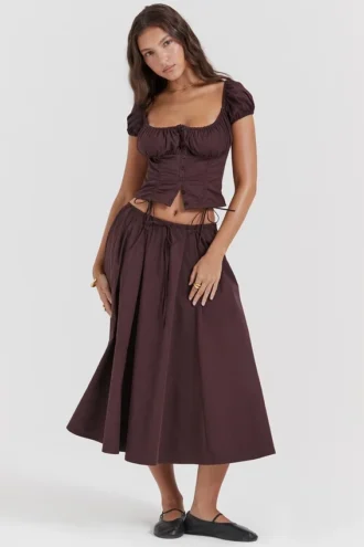 Cora rijkbruine midi-rok met plooien