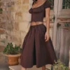 Cora rijkbruine midi-rok met plooien
