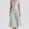 Cora zachtblauwe katoenen midi-rok met vintage bloemenprint