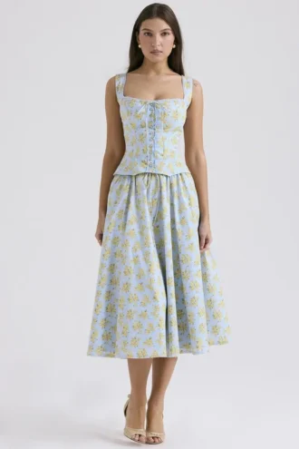 Cora zachtblauwe katoenen midi-rok met vintage bloemenprint