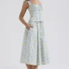 Cora zachtblauwe katoenen midi-rok met vintage bloemenprint