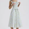 Cora zachtblauwe katoenen midi-rok met vintage bloemenprint