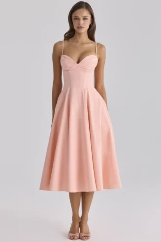 Dahlia Peach katoenen midi-zomerjurk met plooien