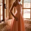 Dahlia Peach katoenen midi-zomerjurk met plooien