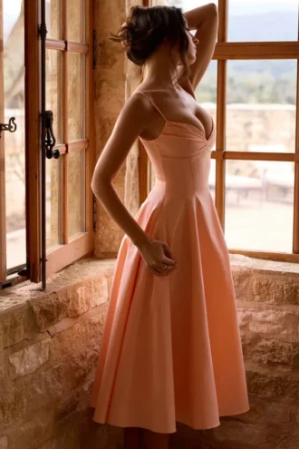 Dahlia Peach katoenen midi-zomerjurk met plooien