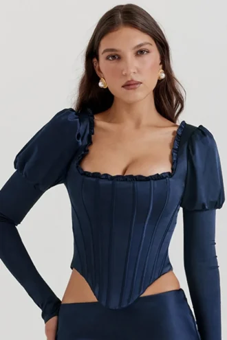 Dana marineblauw korset met pofmouwen