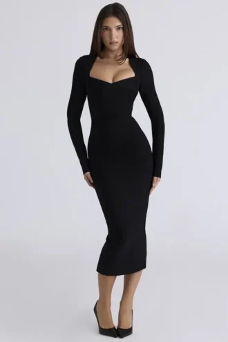 De Naomi zwarte midi-jurk met lange mouwen en bandage-effect