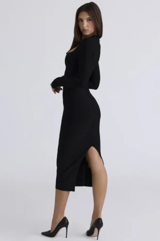 De Naomi zwarte midi-jurk met lange mouwen en bandage-effect