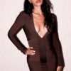 De Super Plunge Chocolate mini-bandagejurk met lange mouwen