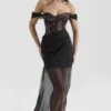 Debut Zwarte off-shoulder kanten maxi-jurk