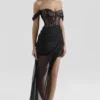 Debut Zwarte off-shoulder kanten maxi-jurk