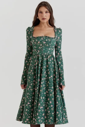 Delia groene midi-jurk met bloemenprint
