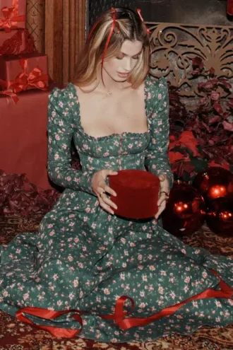 Delia groene midi-jurk met bloemenprint
